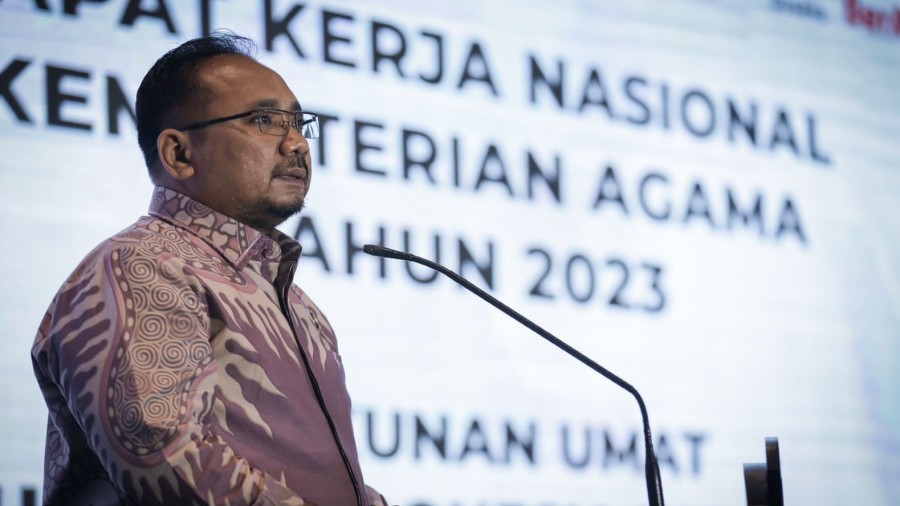 Menag saat membuka Rapat Kerja Nasional (Rakernas) Kementerian Agama tahun 2023 di Surabaya